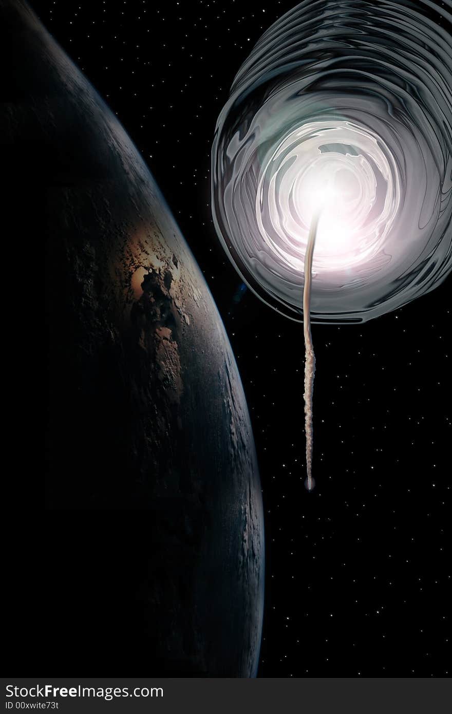 A worm hole opens with a space ship returning to the earth and stars at night in the sky of our own universe. A worm hole opens with a space ship returning to the earth and stars at night in the sky of our own universe