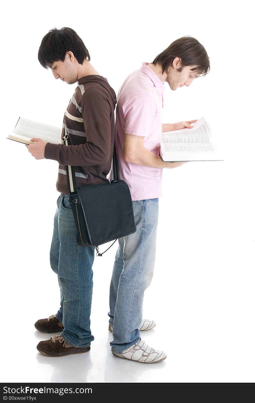 The two young students isolated on a white