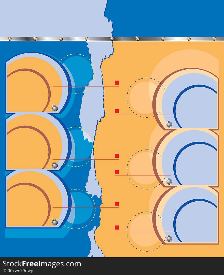 Vertical abstract blue-orange background in technical style with circles and rivets