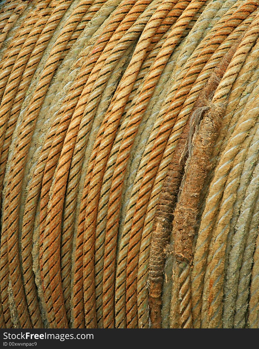 Coiled rope detail on the deck of a fishing ship in Japan