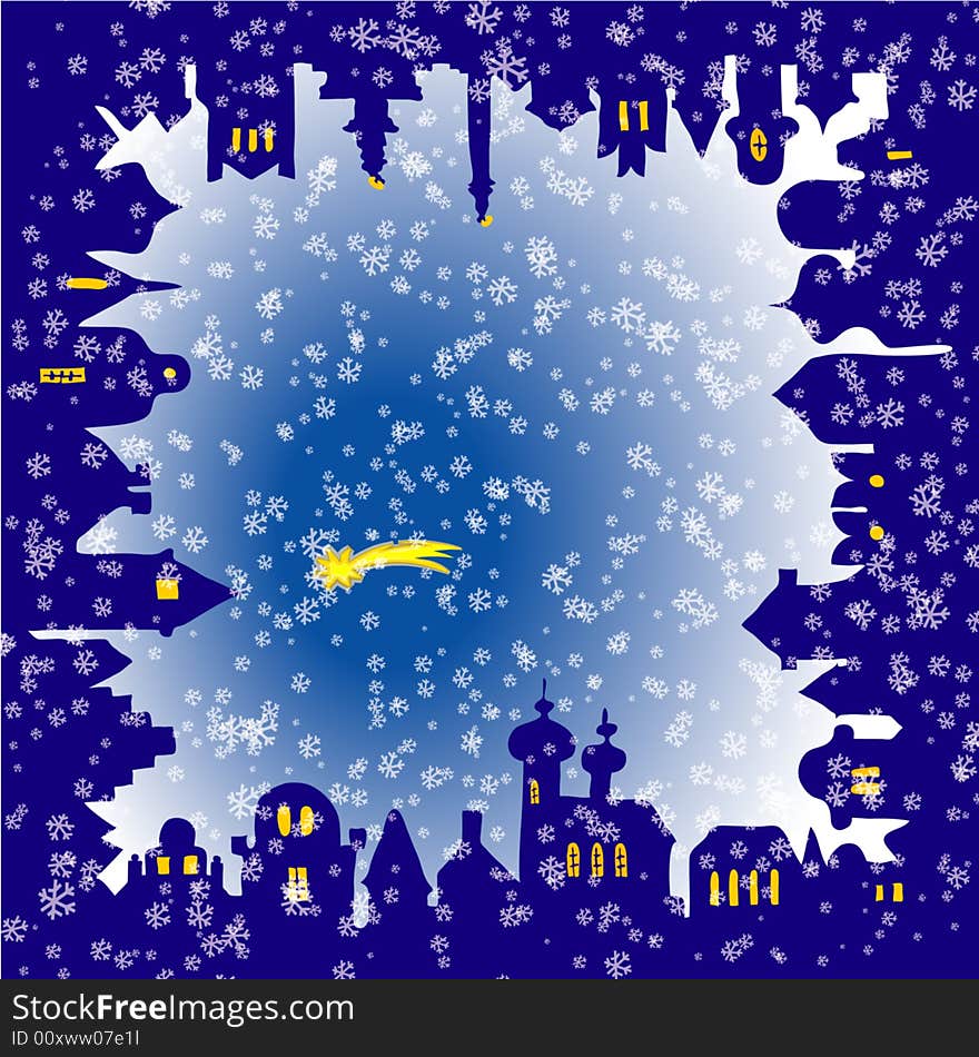 Coloured dis-perspective drawing of night little town square with snowing comet on sky and shining windows of houses. Coloured dis-perspective drawing of night little town square with snowing comet on sky and shining windows of houses