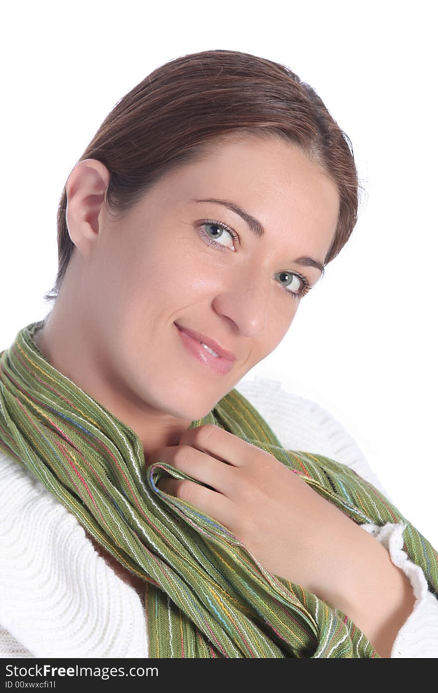 Beautiful young a woman with scarf on white background