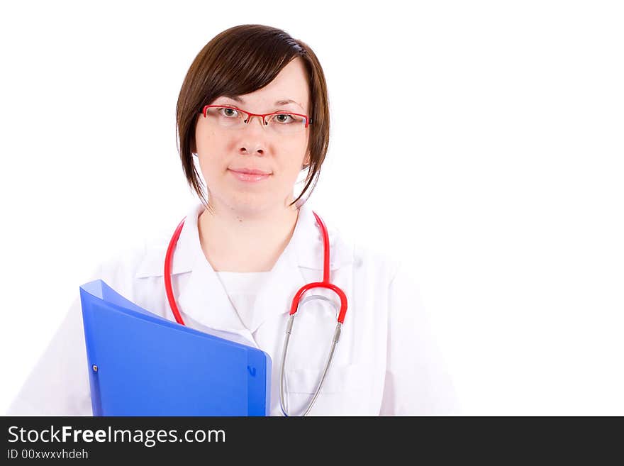 Young female doctor holds blue folder with files