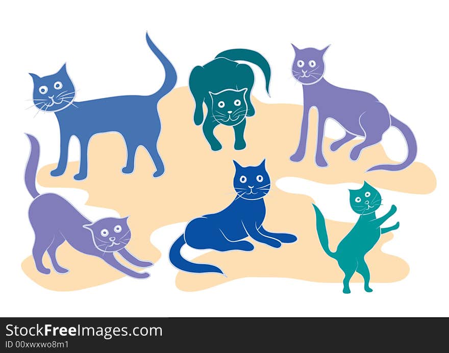 Simple coloured drawing of six cats at diferet positions, stylised like illustration for children. Simple coloured drawing of six cats at diferet positions, stylised like illustration for children