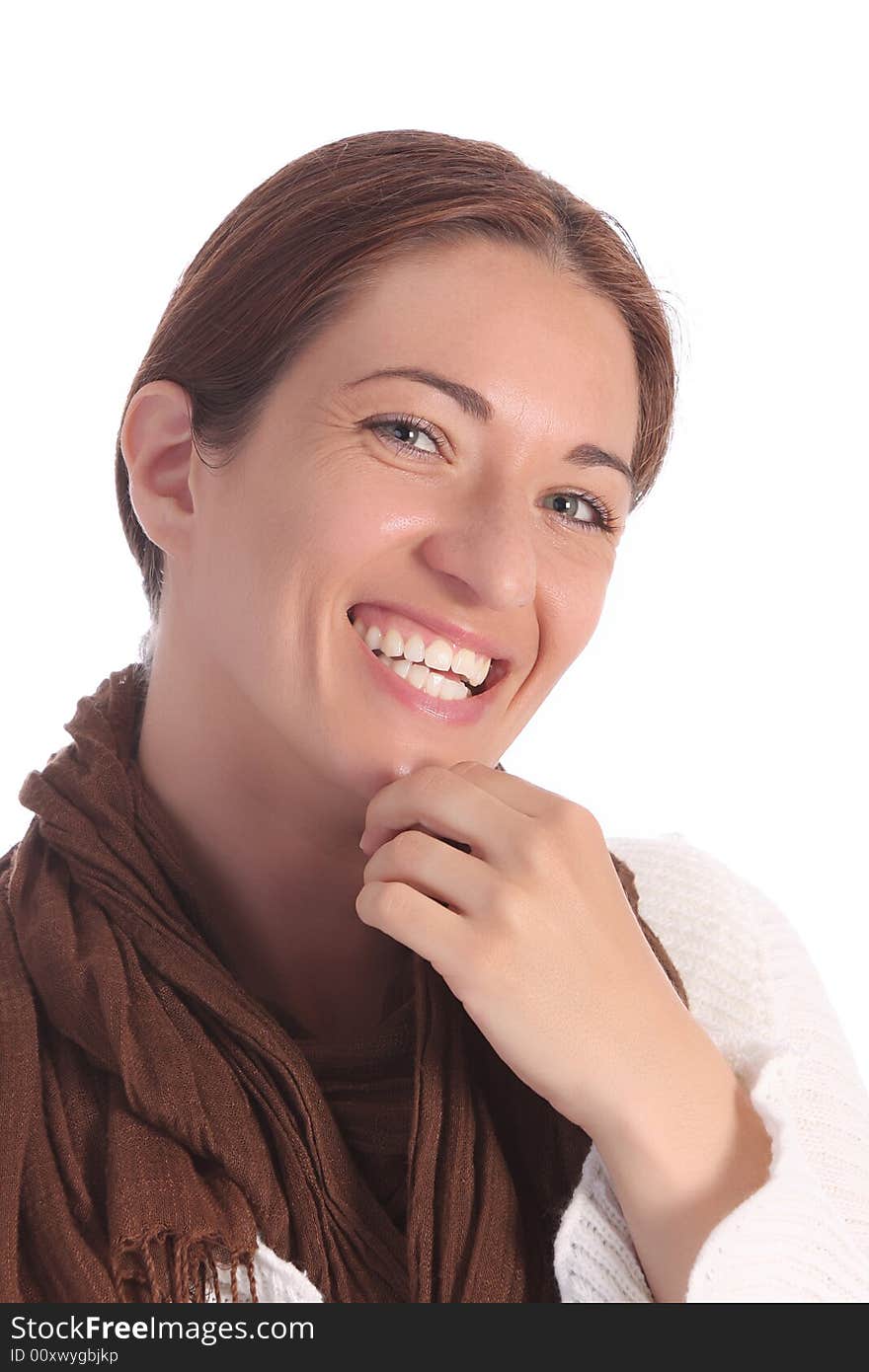 Beautiful young a woman with brown scarf on white background