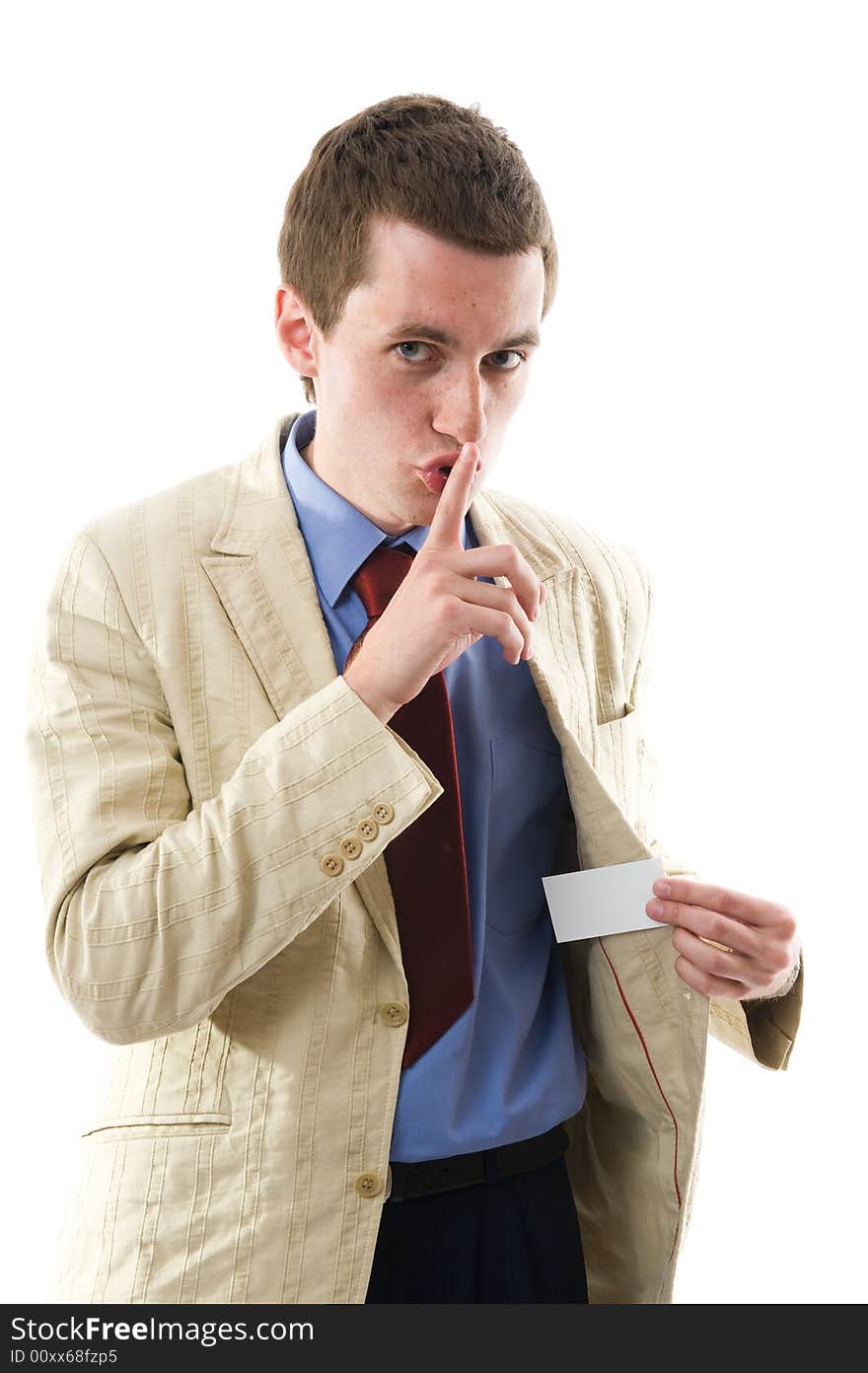 Business man showing his blank.  Shows a symbol of silence. Isolated over white.