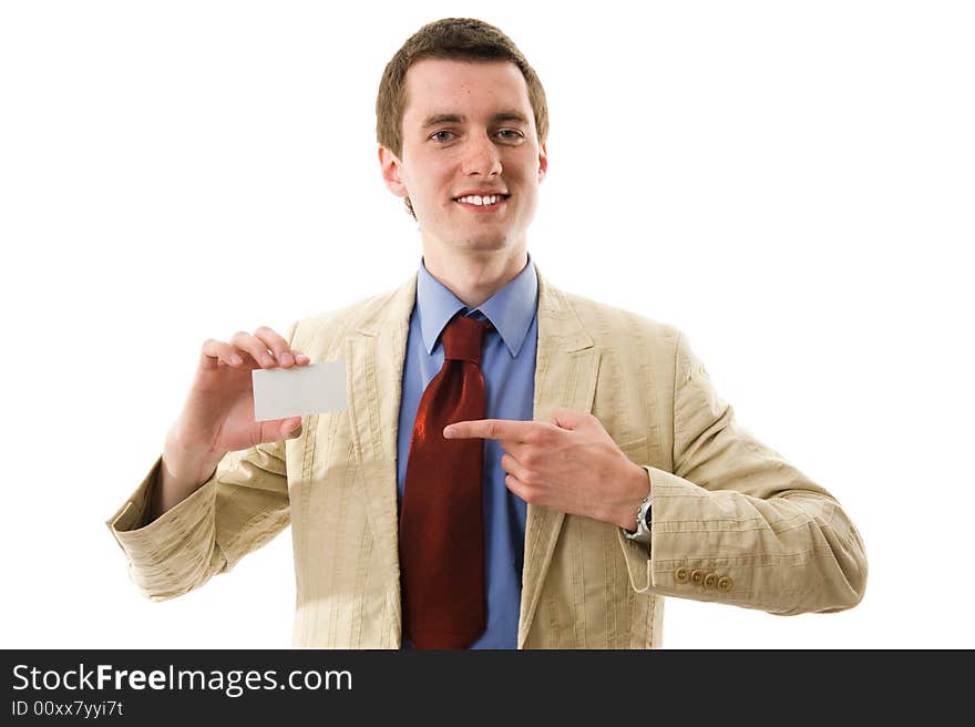 Happy business man showing his blank. Isolated over white