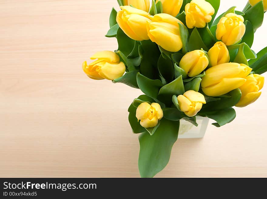 Bouquet of yellow tulips in vase