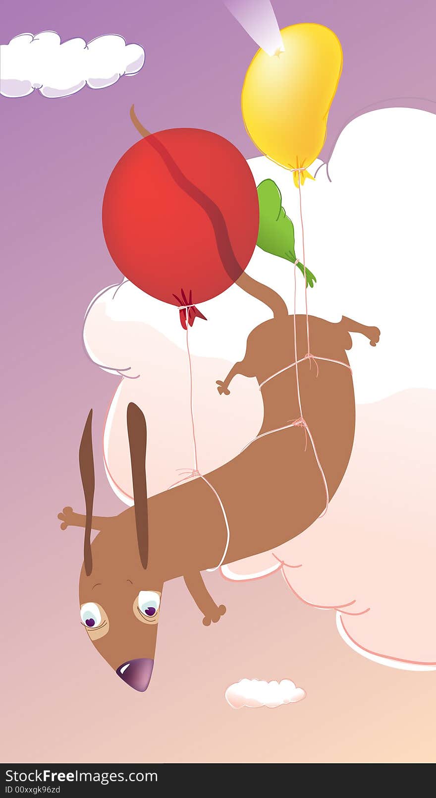 Little dachshund puppy flying with colored balloons. Little dachshund puppy flying with colored balloons