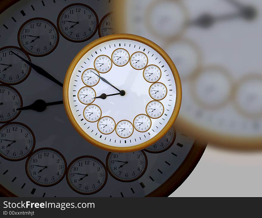 Abstract multi clock faces partly blurred