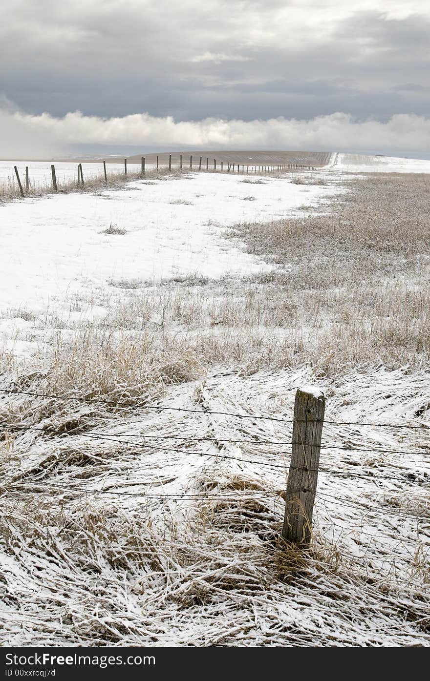 Fence Post with Barbed Wire in Winter Field. Fence Post with Barbed Wire in Winter Field