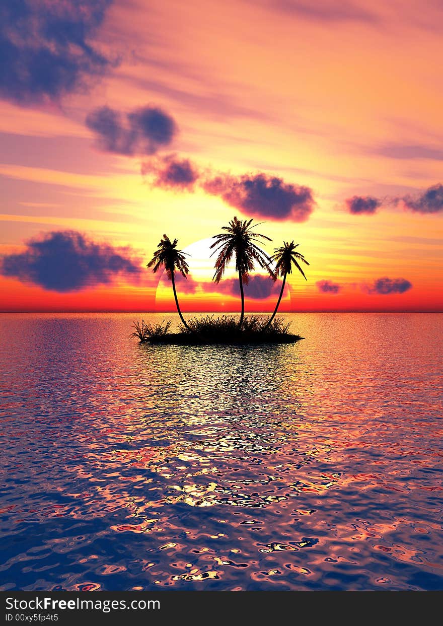 Sunset coconut palm trees on small island - 3d illustration.