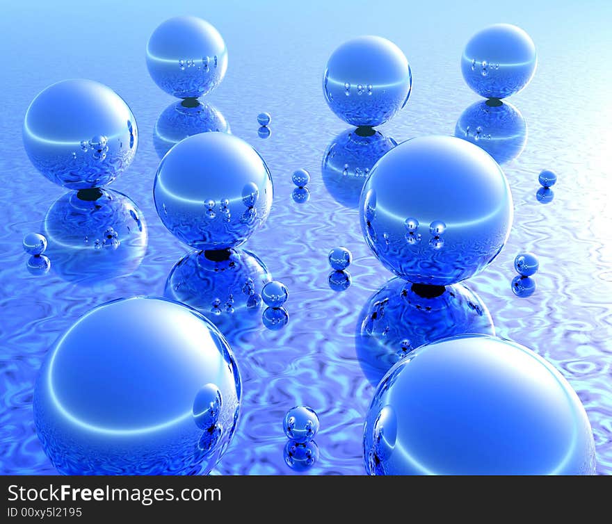 Blue  balls reflecting on a mirror surface - digital artwork. Blue  balls reflecting on a mirror surface - digital artwork.