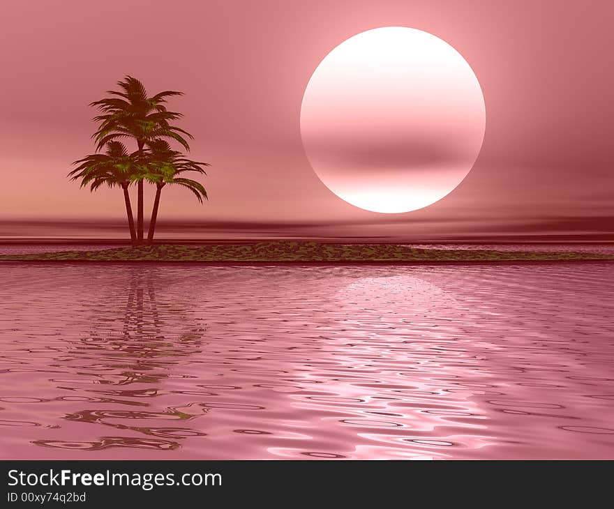 Palm tree landscape with ocean and sun