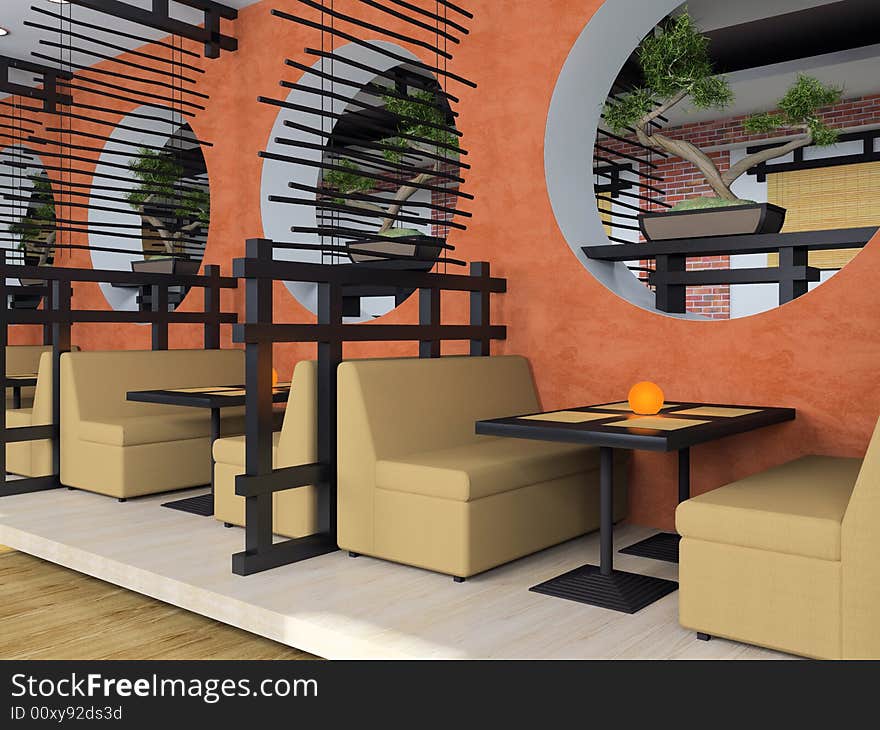 Modern cafe in Japanese style 3D rendering