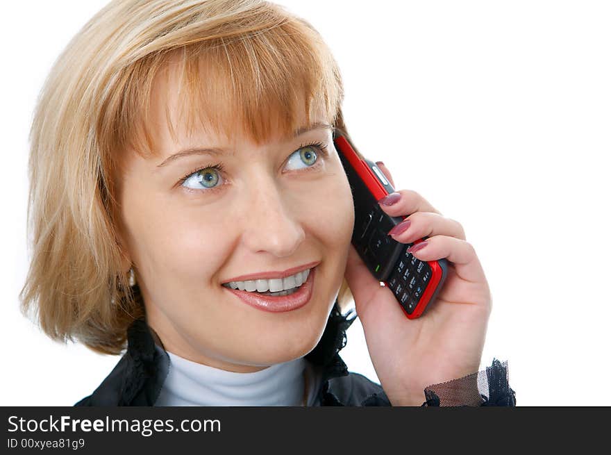 Business woman with cellphone on white background