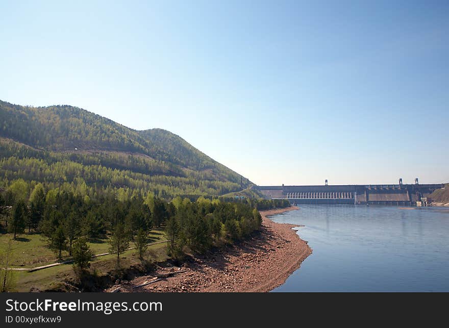 Krasnoyarsk hydroelectric power station on Yenisei river