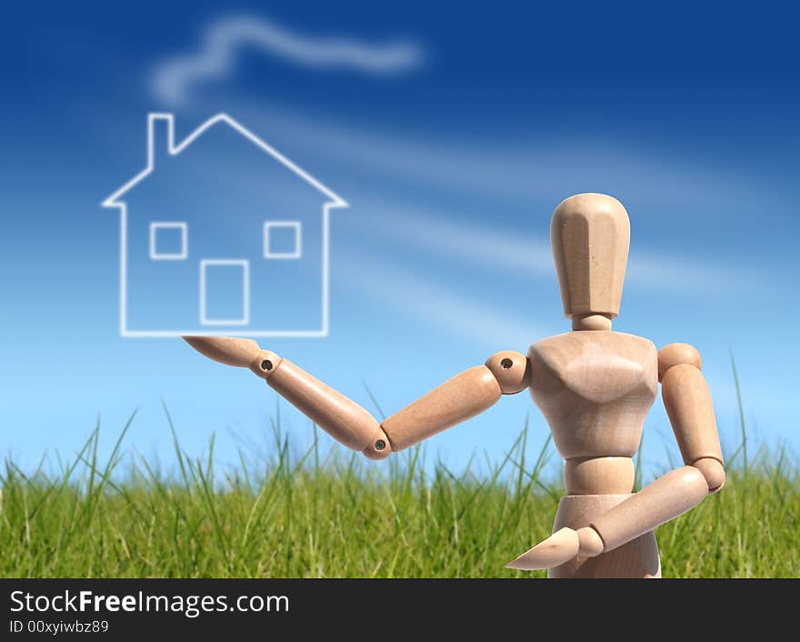 Wooden people giving new house. Buying new house concept. Wooden people giving new house. Buying new house concept.