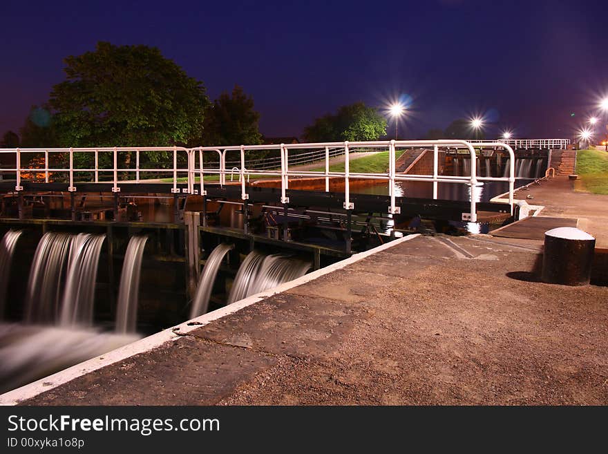 A view of the canal locks at night - long exposure. A view of the canal locks at night - long exposure