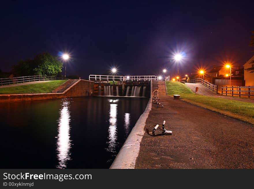 A view of the canal locks at night - long exposure. A view of the canal locks at night - long exposure