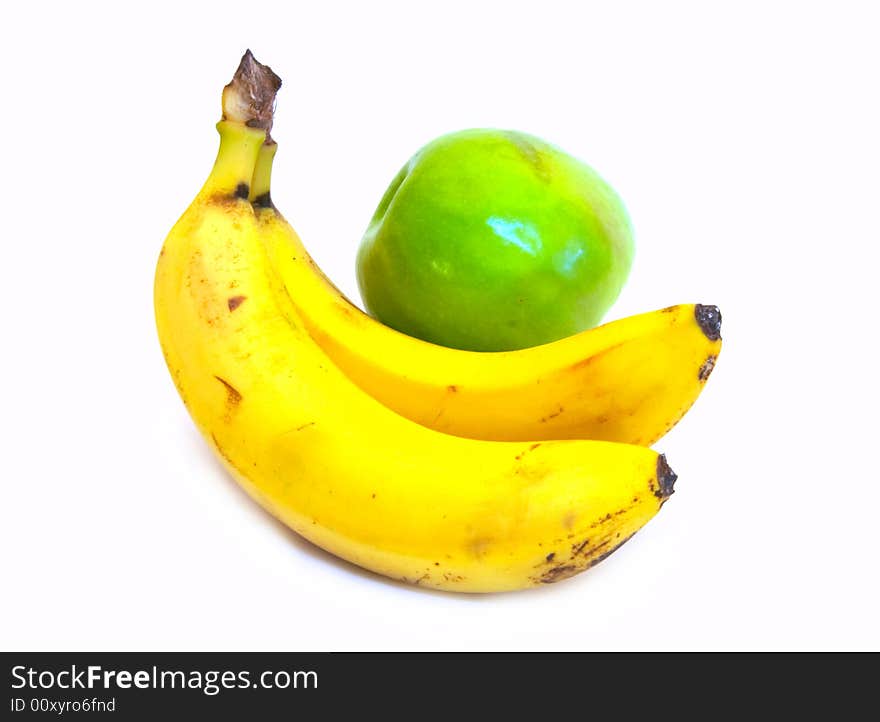 Two bananas and green apple (isolated)