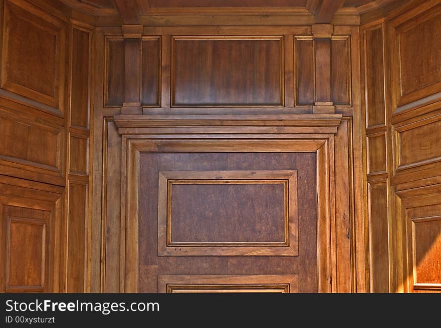 Detail of wooden panels of a church doors. Detail of wooden panels of a church doors