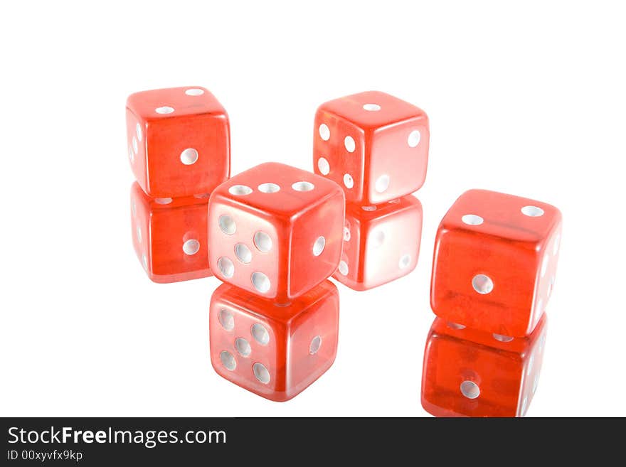 Four red glass dices on white background