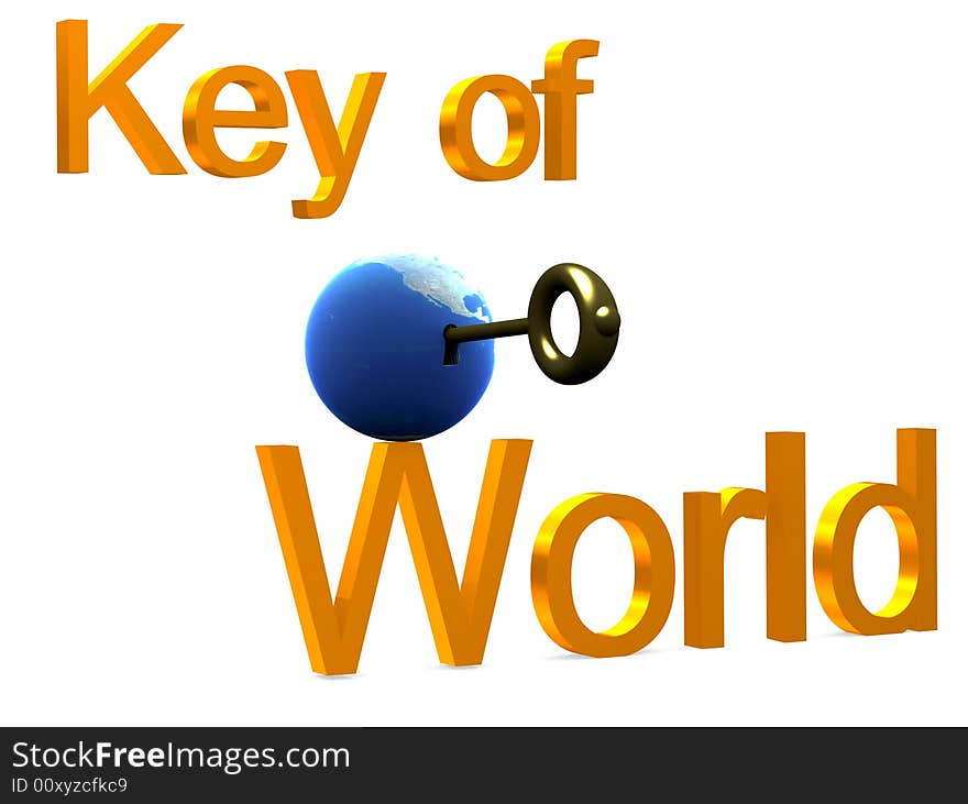 The three-dimensional image of the Earth with a key inside. Opening something. The Earth is between words  the Key from the World . The three-dimensional image of the Earth with a key inside. Opening something. The Earth is between words  the Key from the World