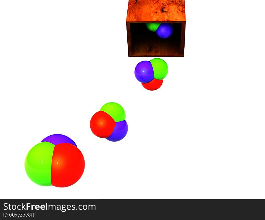 Three-dimensional picture with the image of a box from which drop out RGB soap bubbles. Three-dimensional picture with the image of a box from which drop out RGB soap bubbles