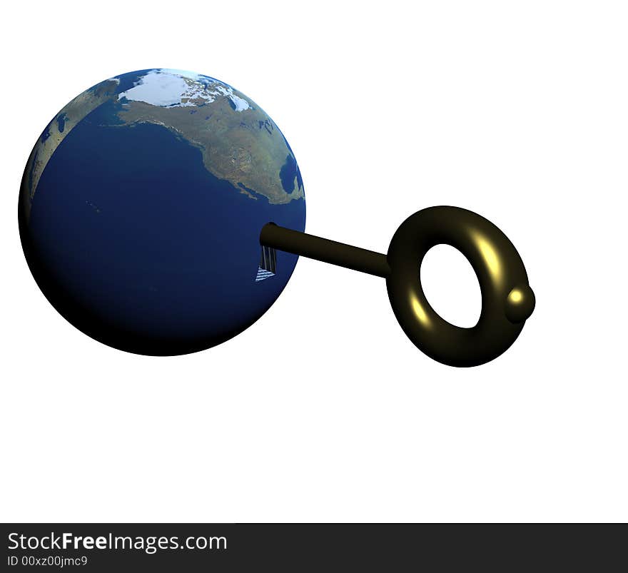 The three-dimensional image of the Earth with a key inside. Opening something. The three-dimensional image of the Earth with a key inside. Opening something