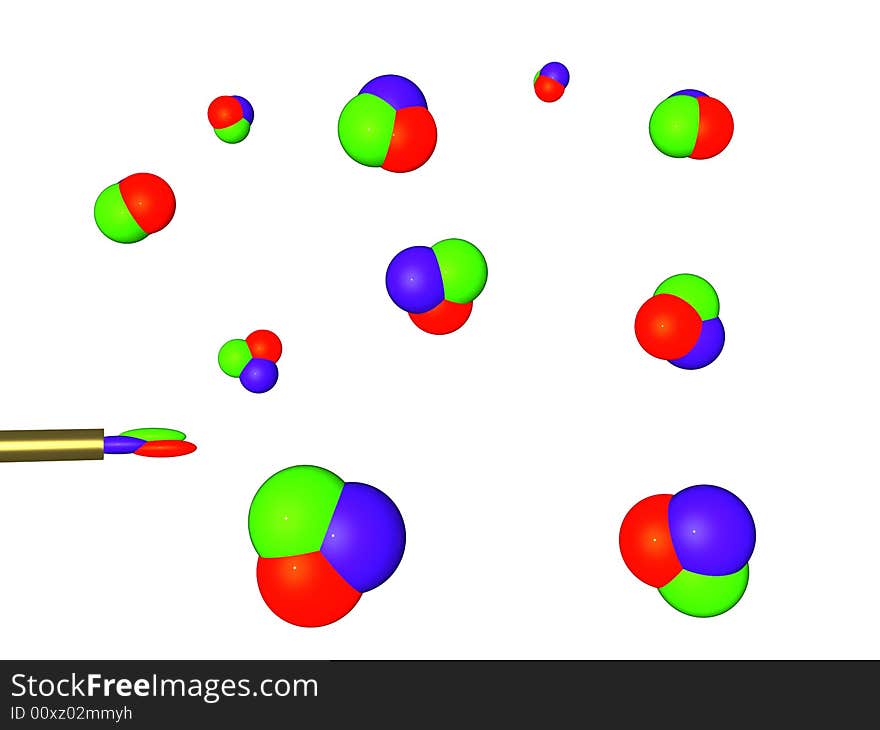 Three-dimensional picture with the image of soap bubbles of color RGB which take off from a tubule. Three-dimensional picture with the image of soap bubbles of color RGB which take off from a tubule