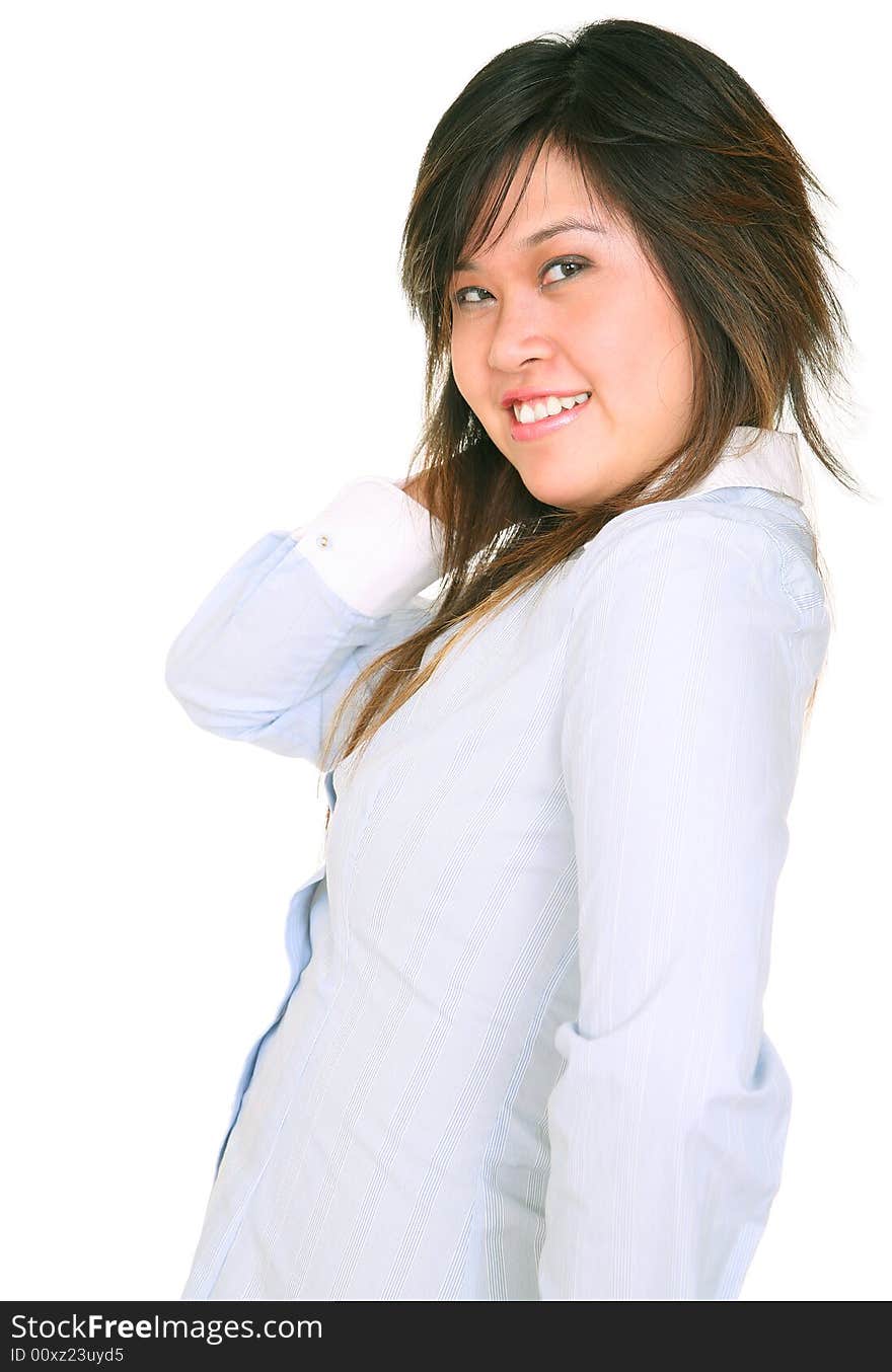 Happy young model in light blue shirt lean back and holding her hair. Happy young model in light blue shirt lean back and holding her hair