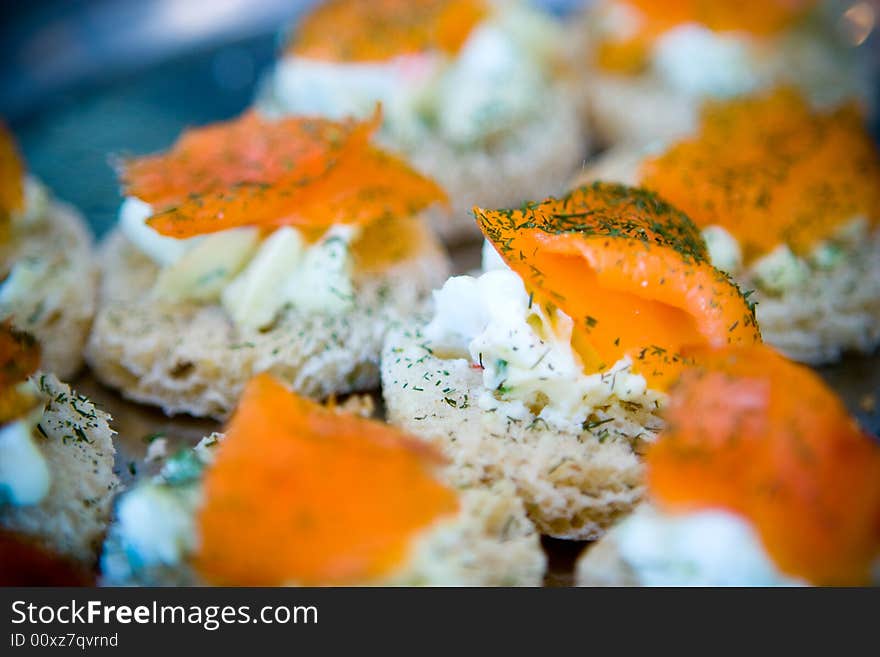 Smoked salmon hors derves with dill garnish