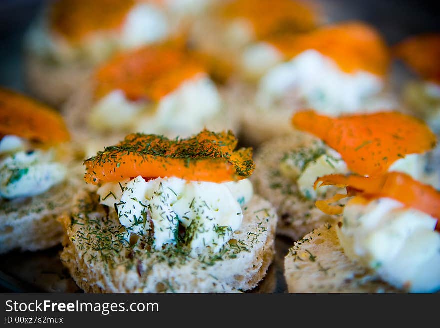 Smoked salmon hors derves with dill garnish