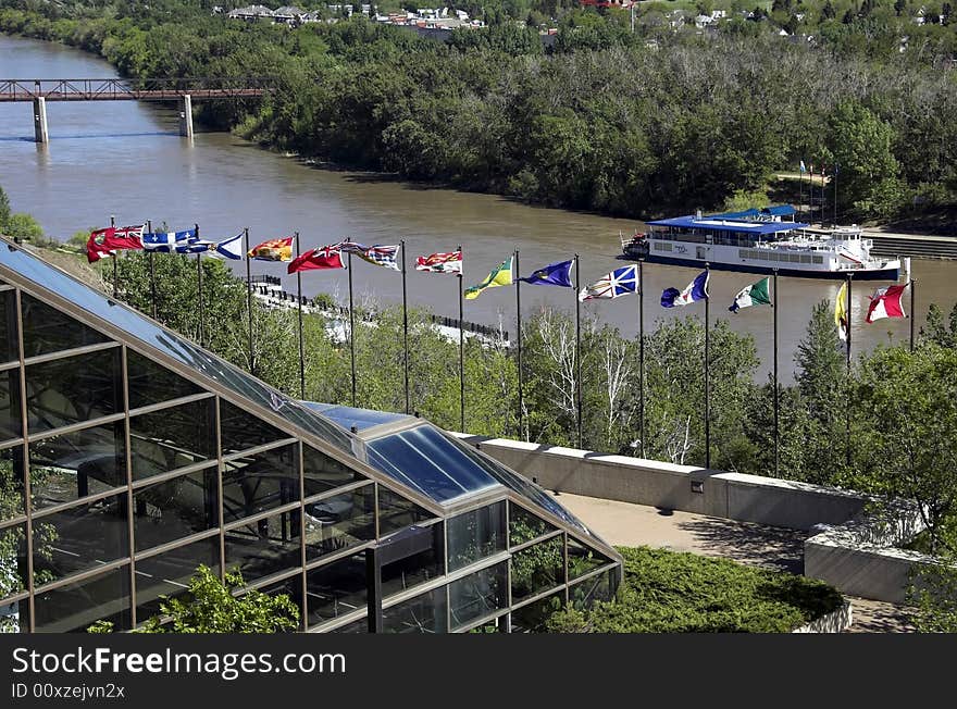 Canadian flags along the river valley in Edmonton, but could be any Canadian city.