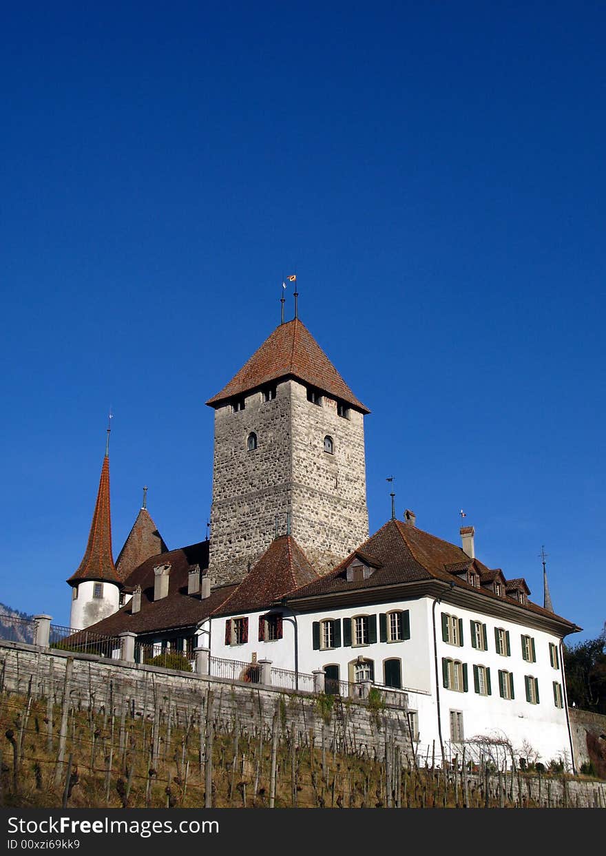 The medieval castle of Spiez set on a spur on the Lake Thunersee in central Switzerland. The medieval castle of Spiez set on a spur on the Lake Thunersee in central Switzerland.