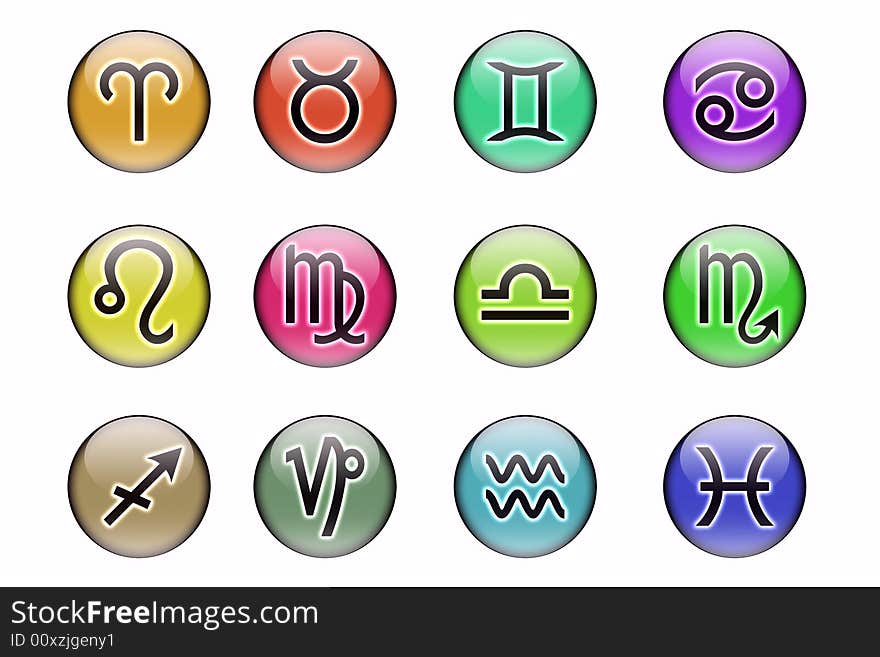 The twelve signs of the zodiac  in a glassy orbs. Isolated on a white background. The twelve signs of the zodiac  in a glassy orbs. Isolated on a white background