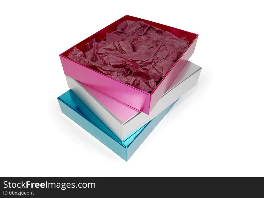 Three colorful glossy gift cartons.