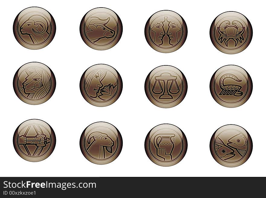 The twelve signs of the zodiac in brown glassy orbs. generated by computer and isolated on a white background