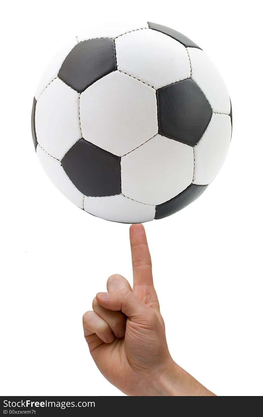 Classic soccer ball at finger, isolated on white