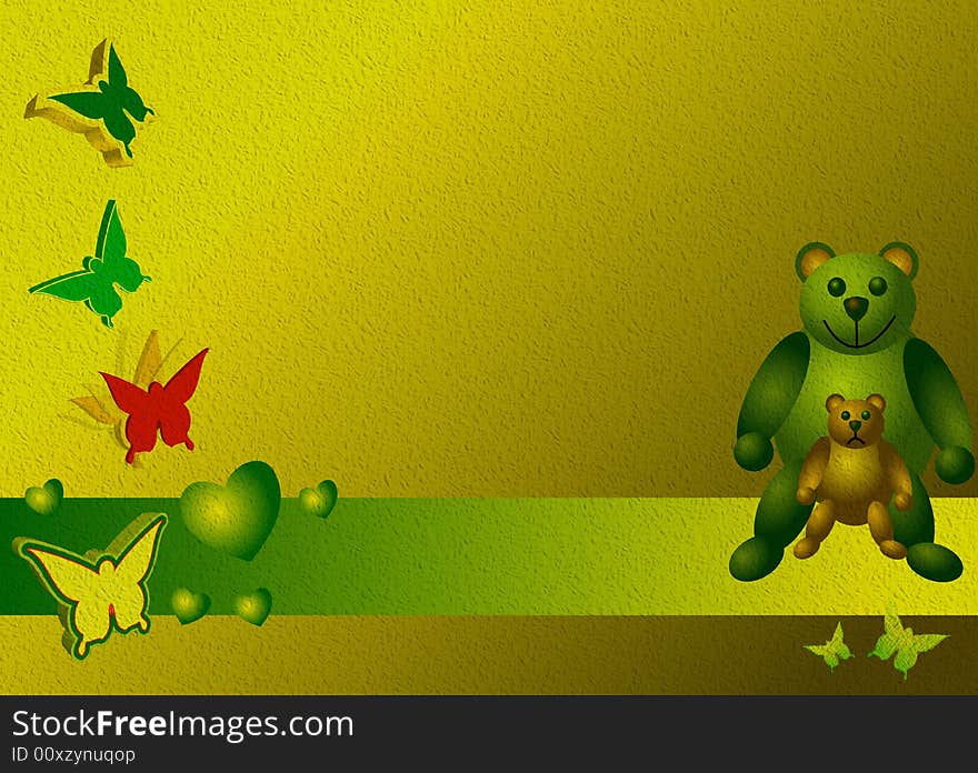 Colored background with green banner, heart shapes, butterflies and teddy bears. Colored background with green banner, heart shapes, butterflies and teddy bears