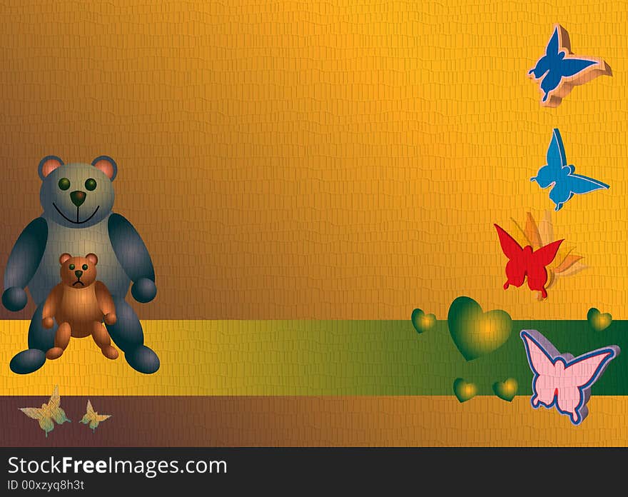 Colored background with banner, heart shapes, butterflies and teddy bears