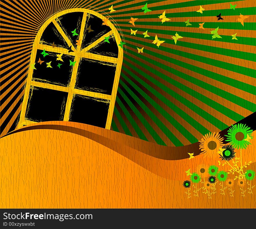 Abstract illustration with window, flowers, and colored butterflies flying. Abstract illustration with window, flowers, and colored butterflies flying