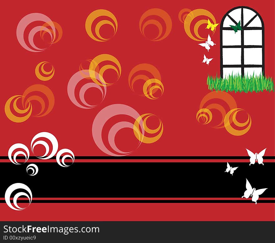 Abstract red background with black banner, window, circles and butterflies flying. Abstract red background with black banner, window, circles and butterflies flying