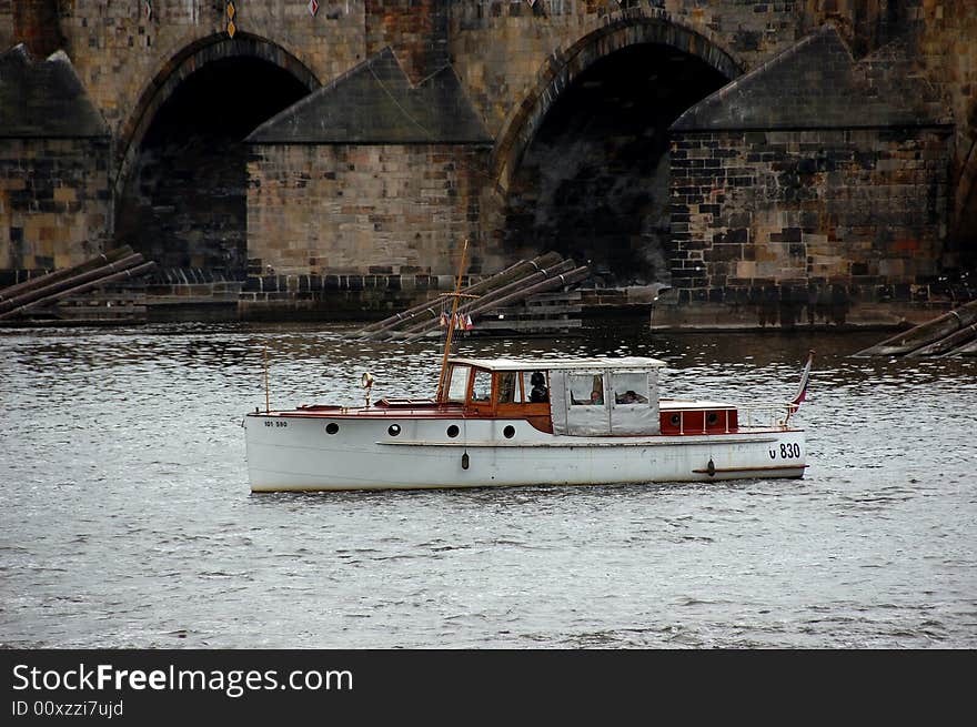 Prague.Charles Bridge,boat,Vltava.