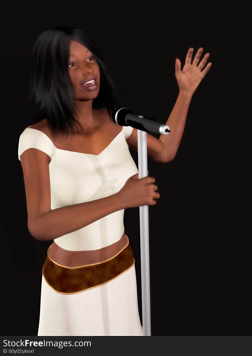 A young beautiful black woman singing with a microphone in her hand.