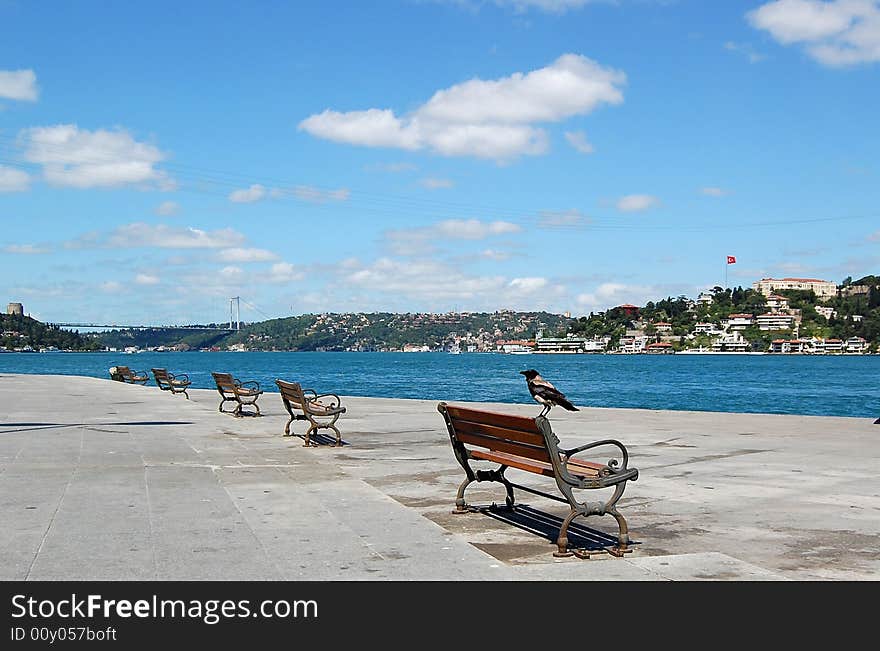 A crow perched on the edge of the back of one of the wooden benches with iron armrest and legs lined on the coast of Bosphorus Straight. Also in view: the blue sea, blue sky with partial clouds, the historical fortress, green trees, houses on the other coast, and the suspension bridge. High voltage electric lines crossing over the sea are also visible. A crow perched on the edge of the back of one of the wooden benches with iron armrest and legs lined on the coast of Bosphorus Straight. Also in view: the blue sea, blue sky with partial clouds, the historical fortress, green trees, houses on the other coast, and the suspension bridge. High voltage electric lines crossing over the sea are also visible.