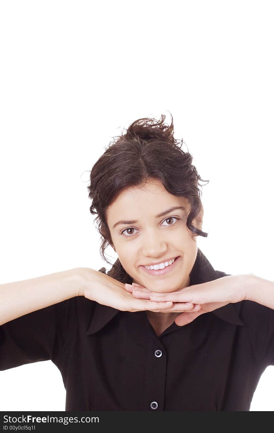 Young happy woman smiling, isolated on white background