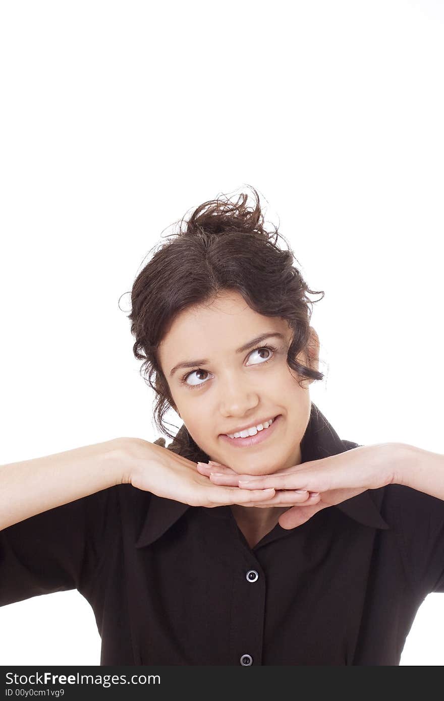 Young happy woman smiling, isolated on white background