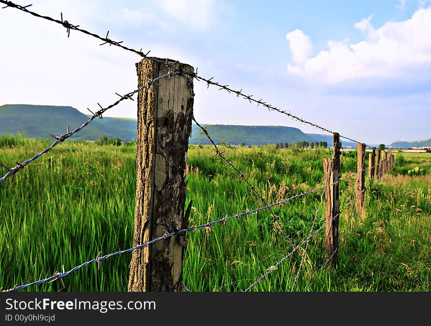 Meadow with fence and sunset